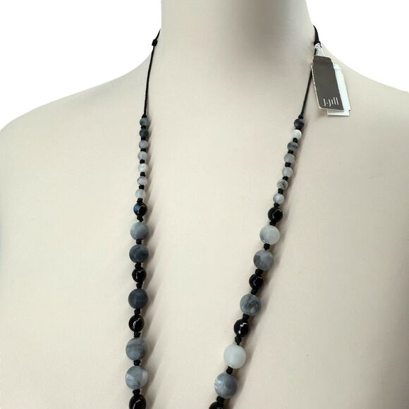 J Jill Beaded Necklace Agate Stone Pendant Gray White Black Cord Adjustable NWT - Picture 10 of 15